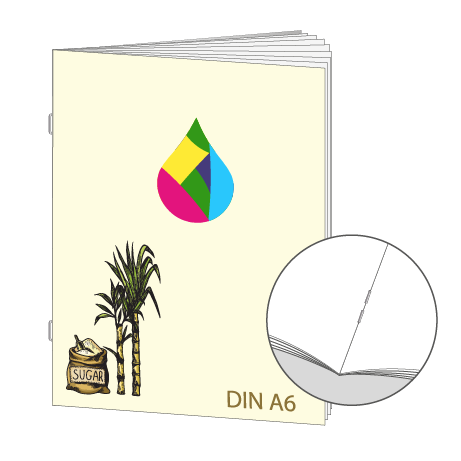 Broschüre aus Zuckerrohrpapier | DIN A6 12-Seiter | bedruckt